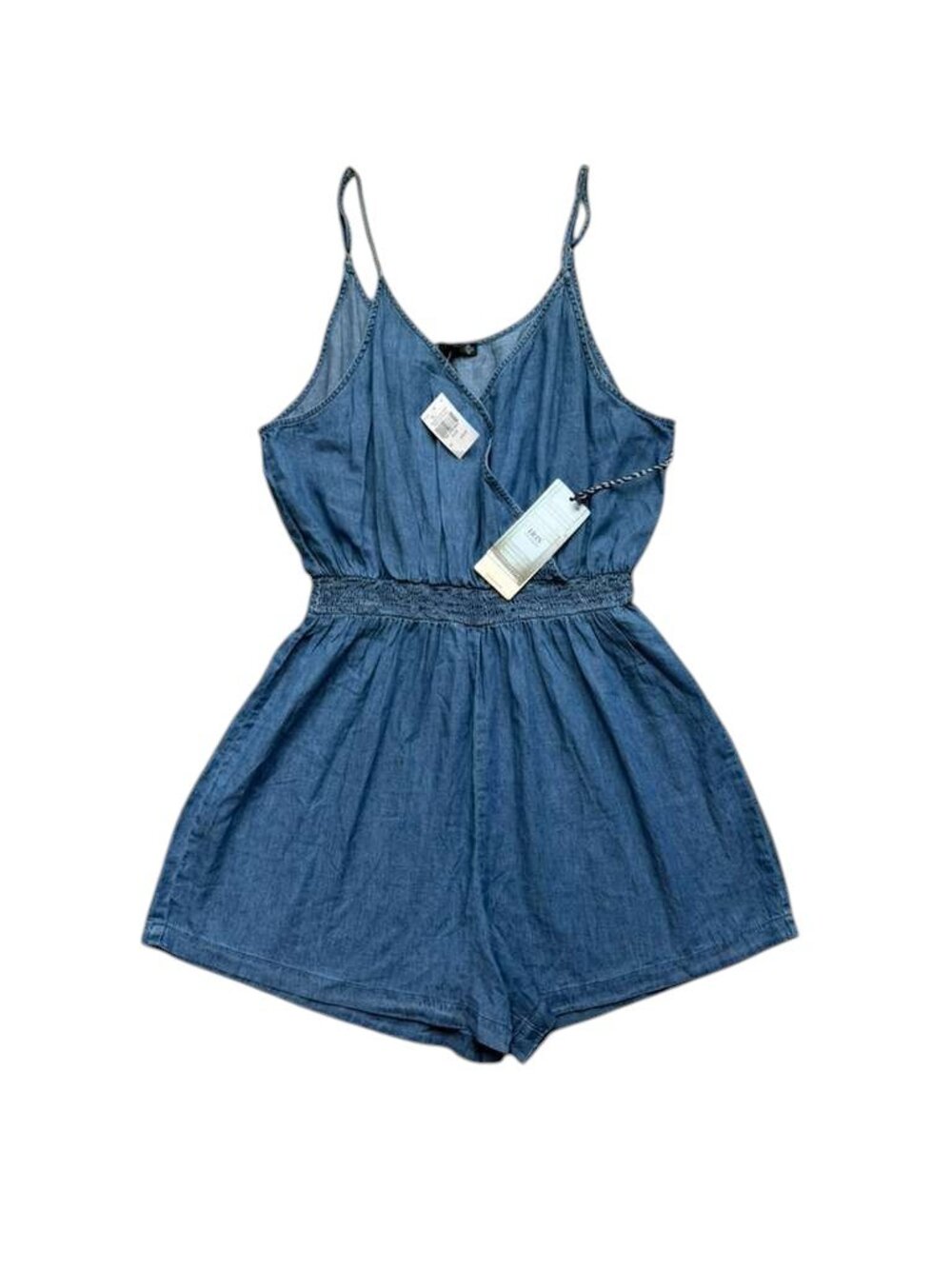 IRIS Womens 1XL Blue Denim Chambray Romper Cotton Smocked Waist Plus Size NWT.